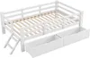 A white wooden loft bed with a ladder and two drawers underneath, shown from a diagonal angle against a white background. Anteprima dell’immagine prodotto