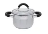 A stainless steel pot with a glass lid and black handles is shown against a white background. Podgląd zdjęcia produktu