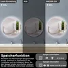 A bathroom vanity with a round LED mirror, showing different light settings and a memory function explanation. Produktbild-Vorschau