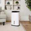 A white dehumidifier is placed on a rug next to a sofa and a bookshelf in a living room. Náhled obrázku produktu