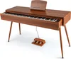 A digital piano with a wooden finish, featuring a keyboard, a music stand, and a three-pedal unit. Produktbild-Vorschau