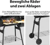 A split image showing features of a charcoal grill. The left side shows the grill with food cooking and storage shelves. The right side shows the wheels of the grill. Produktbild-Vorschau