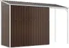A brown metal garden shed with a sloped roof and an attached open-air shelter. Podgląd zdjęcia produktu