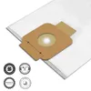 Two white vacuum cleaner bags are shown, one partially covering the other, with a brown cardboard attachment on the top bag. Four circular badges are visible in the bottom left corner. Produktbild-Vorschau