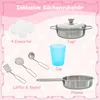 A collection of toy kitchen accessories including ice cubes, a pot, a cup, a ladle, a spatula, and a pan, presented on a pink background with decorative elements. Produktbild-Vorschau