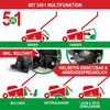 Diagrams illustrating the 5-in-1 functions of a lawnmower, including mulching, catching, side discharge, and shredding leaves and branches. It also shows the included mulching kit and highlights versatility and user-friendliness. Produktbild-Vorschau