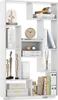 A white geometric bookshelf filled with decorative items and books.
