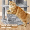 An orange cat is climbing on a gray cat tree. Produktbild-Vorschau