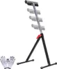 A black adjustable roller stand with a red lever and a pair of grey gloves on a white background. Produktbild-Vorschau