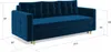 A blue sofa with dimensions indicated by measurement lines and numbers. Produktbild-Vorschau