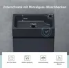 A close-up view of a dark gray mineral cast washbasin with dimensions indicated and feature icons below. Produktbild-Vorschau