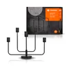 A black candelabra-style lamp and its packaging are shown against a white background. Produktbild-Vorschau