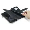 A hand is shown holding a black phone case over an open black wallet with card slots and a zippered compartment. Produktbild-Vorschau