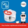 A marketing image showing a manual food chopper, a cartoon chef, and a chicken, with text in French. Produktbild-Vorschau