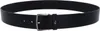 A black leather belt with a silver buckle is shown against a white background. Produktbild-Vorschau