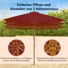 A red patio umbrella is shown outdoors, with close-up insets detailing its height adjustment mechanism. Anteprima dell’immagine prodotto