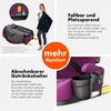 A collage of images showcasing features of a child car seat, including its folded state, a person carrying it in a bag, a close-up of a cup holder, and text highlighting its benefits. Produktbild-Vorschau