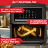 An air fryer with text overlays highlighting its features, and an illustration of heat flow inside. A small portion of fried food is visible in the foreground. Produktbild-Vorschau