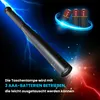 A black flashlight shaped like a baseball bat is shown with dramatic lighting and lightning effects, along with three AAA batteries. Produktbild-Vorschau