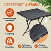 A black rattan-style table is shown outdoors with foliage in the background. Informational icons and text highlight the table's features. Produktbild-Vorschau