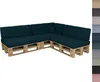 A sectional sofa made from wooden pallets with dark green cushions, shown against a white background. Produktbild-Vorschau