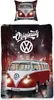 A collage of a Volkswagen bus bedding set, featuring a pillow and a duvet cover with a street scene and the Volkswagen logo. Náhľad obrázku produktu