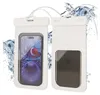 Two white waterproof phone cases are shown, one with a phone displaying a colorful fish image, and the other with a phone displaying an Apple logo. Water splashes are visible around the cases. Produktbild-Vorschau