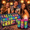 Three people are celebrating with champagne and fireworks, with a box of fireworks in the foreground. Produktbild-Vorschau