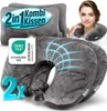 A woman is wearing a travel pillow, and two travel pillows are displayed in the foreground with marketing graphics. Produktbild-Vorschau