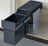 A pull-out trash can system with two bins, installed inside a kitchen cabinet. Produktbild-Vorschau