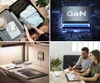 Collage of four images showing travel packing, GaN technology, a desk setup with charging devices, and two people working on laptops. Voir les images du produit