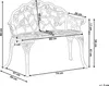 A line drawing of a white metal garden bench with dimensions indicated by measurement lines and text. Náhľad obrázku produktu