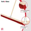 A broom with a wooden handle and red bristles, with close-up insets highlighting its features. Produktbild-Vorschau