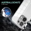 A transparent phone case is shown falling amongst rocks, with a graphic illustrating impact protection. Produktbild-Vorschau