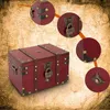 A decorative red wooden chest with brass accents and a lock, shown on a vintage map background. Several close-up insets highlight the chest's details. Produktbild-Vorschau