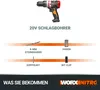 A marketing image showing a cordless drill and its accessories, with text describing what is included. Produktbild-Vorschau