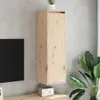 A wooden cabinet mounted on a gray wall next to a television and a plant. Voir les images du produit