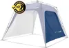 A blue and white pop-up pavilion side wall with a wind protection graphic overlay.