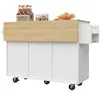A kitchen serving cart with a wooden countertop and white cabinet base, shown on a white background. Voir les images du produit