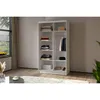 A white wardrobe with shelves and a hanging rod, filled with folded clothes and accessories. The wardrobe is placed in a room with a window and a rug. Produktbild-Vorschau