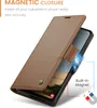 A brown leather phone case with a magnetic closure is shown open, revealing a phone screen with a landscape image. Produktbild-Vorschau