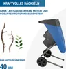 A garden shredder is shown with branches and leaves, highlighting its features. Produktbild-Vorschau