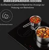 A close-up view of an induction cooktop with two pots of food cooking on it, accompanied by marketing text and icons. Produktbild-Vorschau