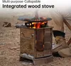 A person's legs and boots are visible next to a stainless steel wood stove with food cooking on top. Náhled obrázku produktu