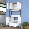 A white and wood-colored cabinet with multiple shelves and drawers, set against a blue wall. Produktbild-Vorschau