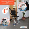 A wheelchair is shown in a doorway, with close-up insets highlighting its features. Produktbild-Vorschau