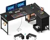 A black L-shaped gaming desk with dual monitors, a laptop, keyboard, mouse, and accessories. Náhled obrázku produktu