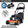 A black BRAST lawnmower with various certifications and feature callouts. Produktbild-Vorschau