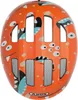 A top-down view of an orange children's bicycle helmet with a monster pattern. Náhľad obrázku produktu