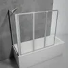 A shower screen for a bathtub is shown in a studio setting against a textured gray wall. Produktbild-Vorschau